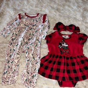 Minnie Christmas dress and Burt bees pajamas